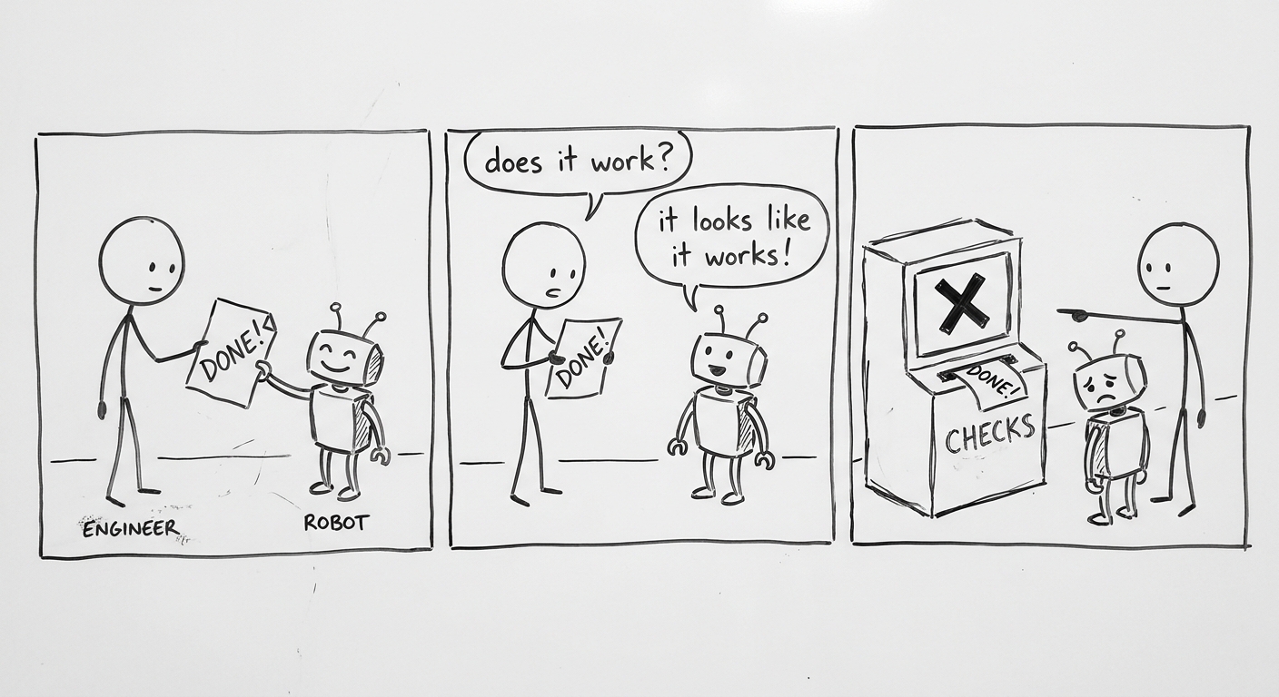 A three-panel stick-figure comic. Panel one: the small robot proudly hands the engineer a page labelled done. Panel two: the engineer asks: does it work? and the robot answers: it looks like it works! Panel three: the page sits in a machine labelled checks showing a large cross; the robot looks sheepish while the engineer points calmly at the machine.