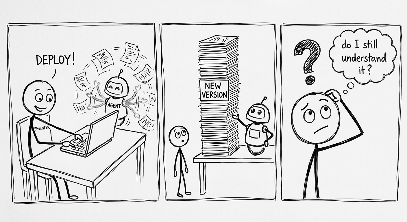 A three-panel stick-figure comic. Panel one: an engineer happily presses a key while a small robot labelled agent works at high speed, papers flying. Panel two: the robot proudly presents a pile of pages taller than the desk, labelled new version; the engineer looks up at it, tiny beside it. Panel three: close-up of the engineer scratching their head under a large question mark, thinking: do I still understand it?