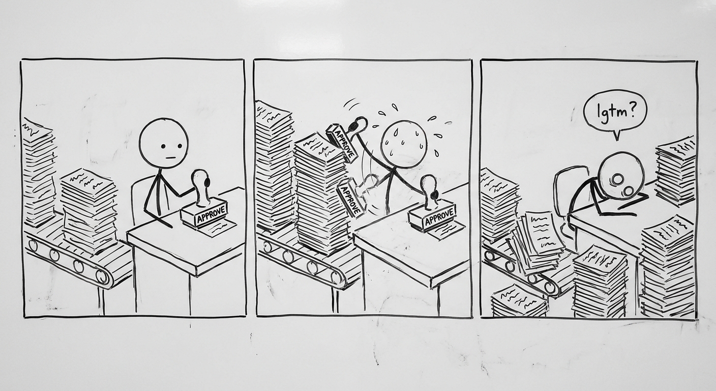 A three-panel stick-figure comic. Panel one: a conveyor belt carries tall stacks of pages toward the engineer’s desk; the engineer holds a large stamp labelled approve. Panel two: the stacks arrive faster and taller; the engineer stamps while sweating. Panel three: the engineer slumps among stamped stacks, hollow-eyed, with a small speech bubble: lgtm?