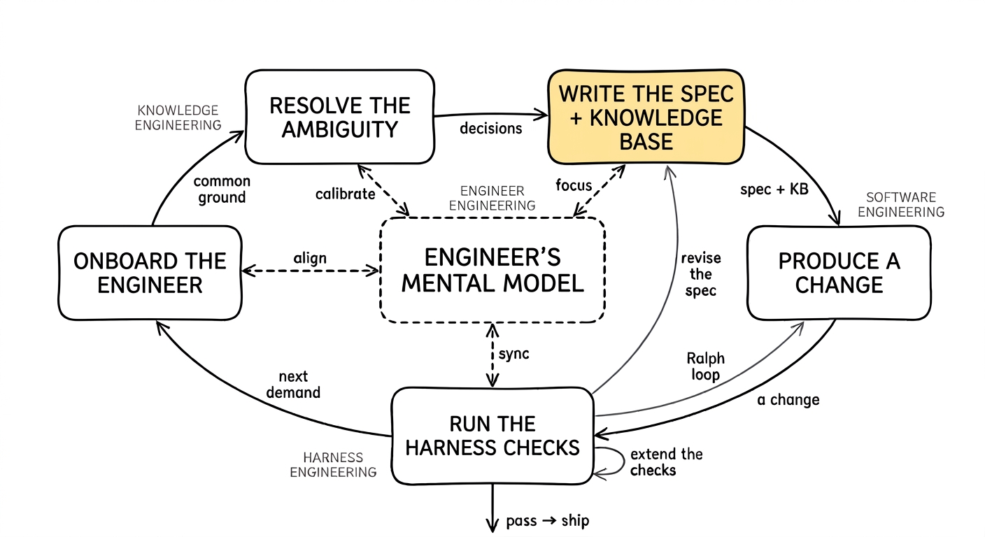 The same loop diagram, with the box labelled write the spec and knowledge base filled in yellow.